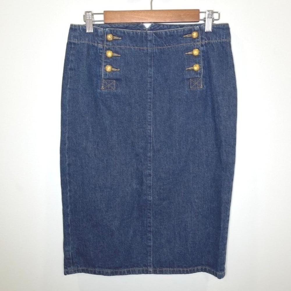 Lauren Ralph Lauren Denim Pencil Skirt Nautical Gold Button Cinch Back Size 6